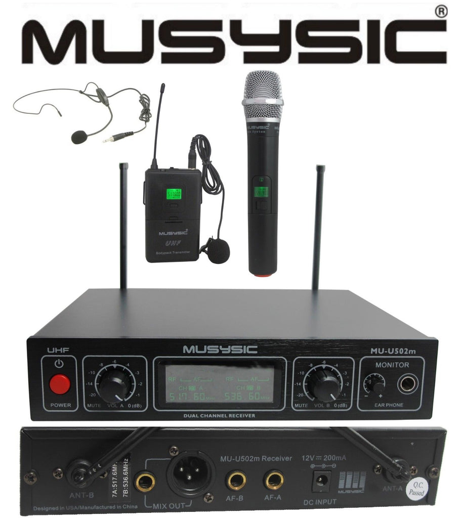 MUSYSIC Dual Channel UHF Wireless Microphone System Handheld & Lapel / Headset