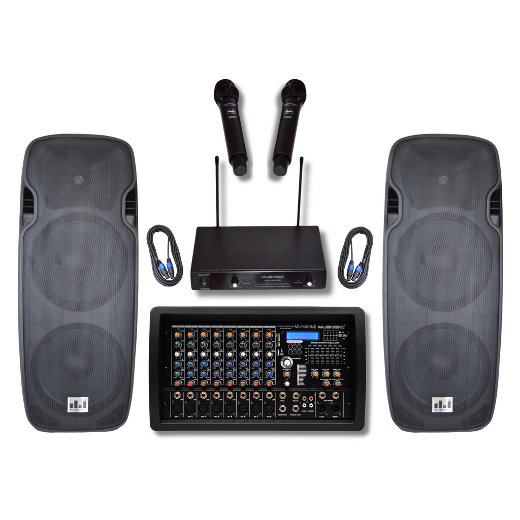 Complete Professional 4500W PA System 8-CH Mixer Dual 15" Speakers Wireless Mics MU-S215P-MX800