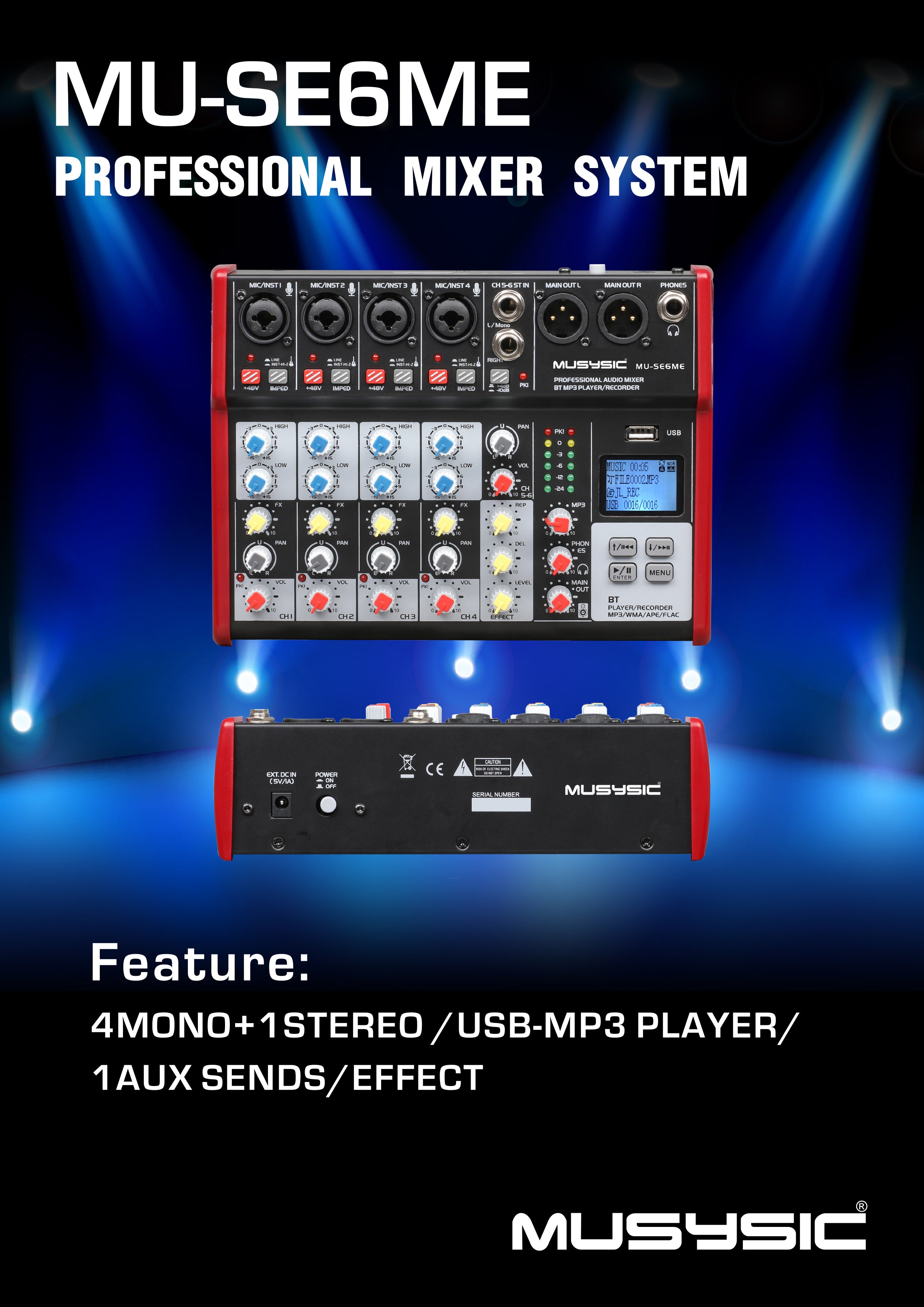 Professional 6 Channel PA Mixer / Independently Phantom Power MU-SE6ME -  MUSYSIC