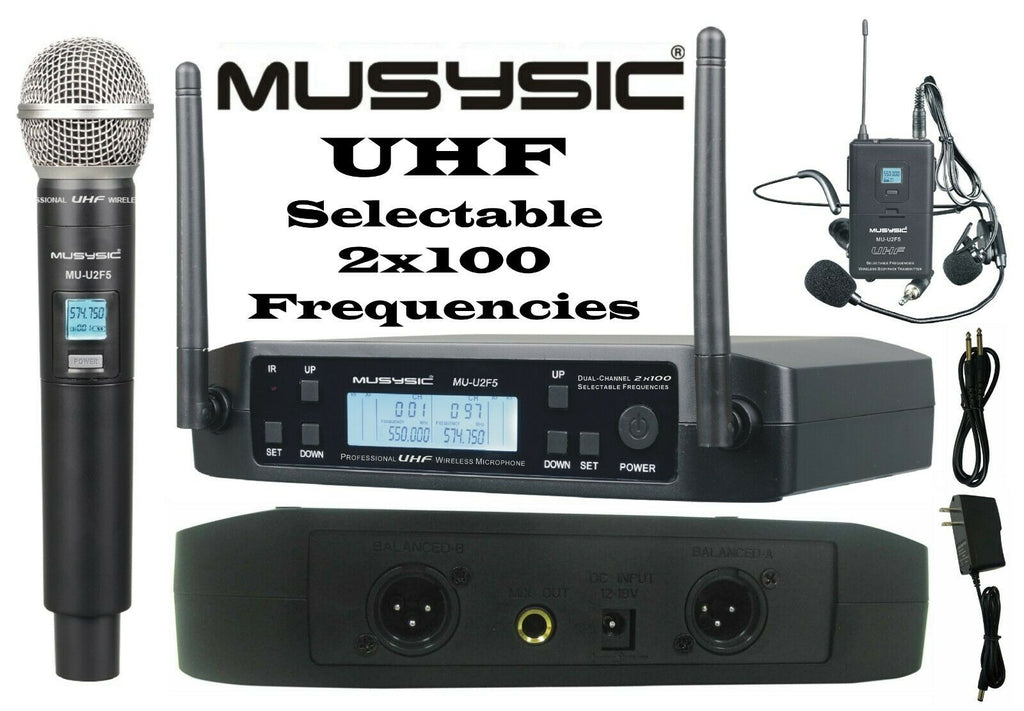 MUSYSIC 2x100 Channels UHF Wireless Handheld Lapel Headset Microphone MU-U2F5-HL