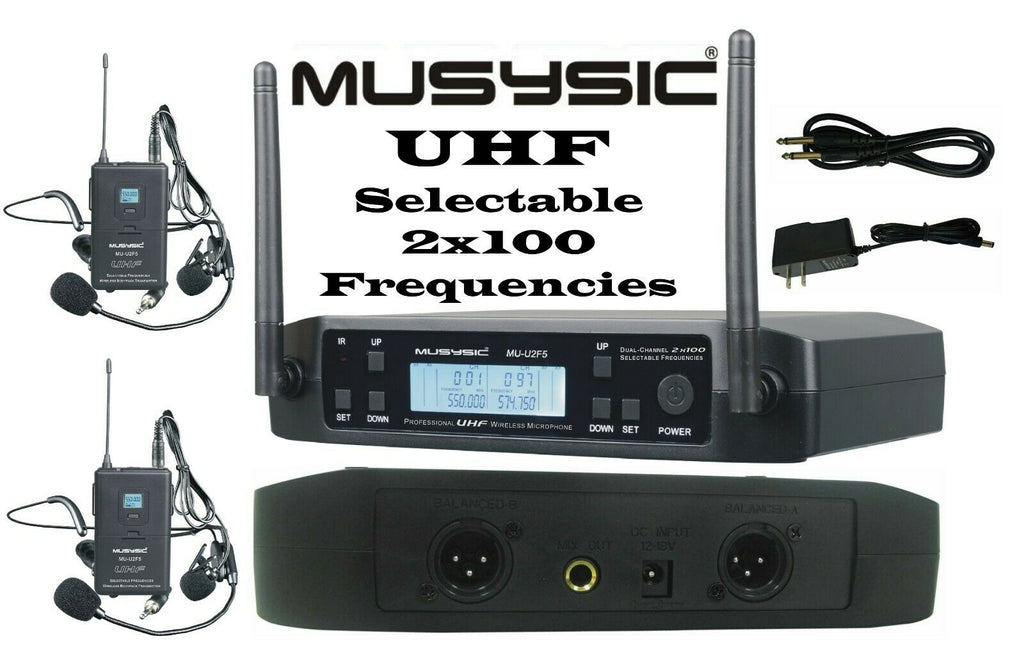 MUSYSIC 2x100 Channels UHF Wireless Lavalier Lapel Headset Microphone MU-U2F5-LL